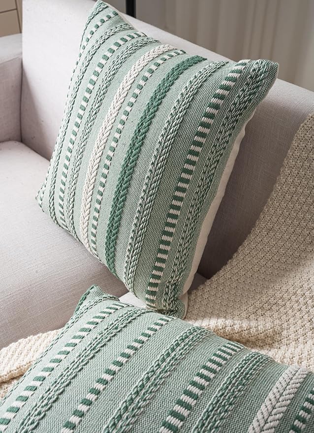 Boho Throw Pillow Covers 18x18 Inch Set of 2, Farmhouse Decorative Couch Pillow Cases, Light Green Accent Pillows of Bed, Sofa Bedroom Living Room Home Decor Cushion Cover