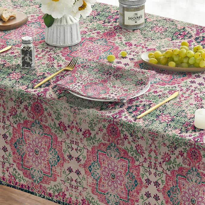 Horaldaily Boho Bohemia Style Tablecloth 60×140 Inch Rectangular, Pink Vintage Country Rustic Farmhouse Magical Fall Orange Washable Seasonal Table Cover for Party Picnic Dinner Decor