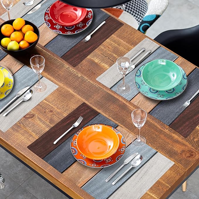 Giwawa Rustic Wood Placemats Set of 4- Antique Brown Old Barn Wooden Board Linen Place Mat 12x18 Inch- Farmhouse Country Style Washable Non-Slip Table Mats for Kitchen Dining Cabin Decor