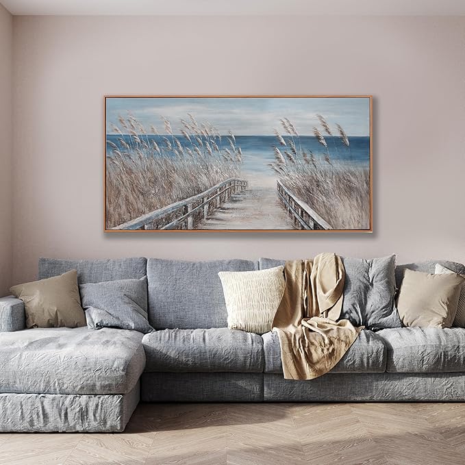 Wall Art Decor Wall Canvas Painting Reed And Blue Coast Landscape Decor Framed For Living Room Bedroom Dining Room Home Office Modern Abstract Artwork Home Decoration 24"x48"