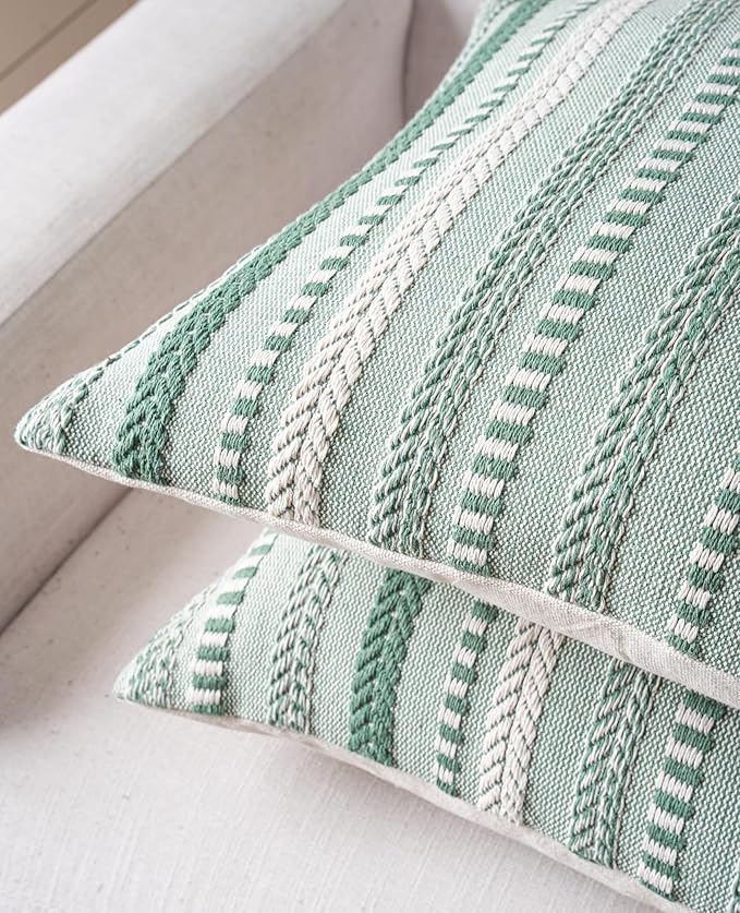 Boho Throw Pillow Covers 18x18 Inch Set of 2, Farmhouse Decorative Couch Pillow Cases, Light Green Accent Pillows of Bed, Sofa Bedroom Living Room Home Decor Cushion Cover