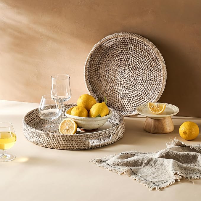 JUNGLE CULTURE Large Rattan Serving Tray 14" in Whitewash • Round Table Basket • Wicker Ottoman Trays with Handles for Coffee Table, Bed Side or Couch • Flat Circle Woven Tray • Boho Farmhouse Decor