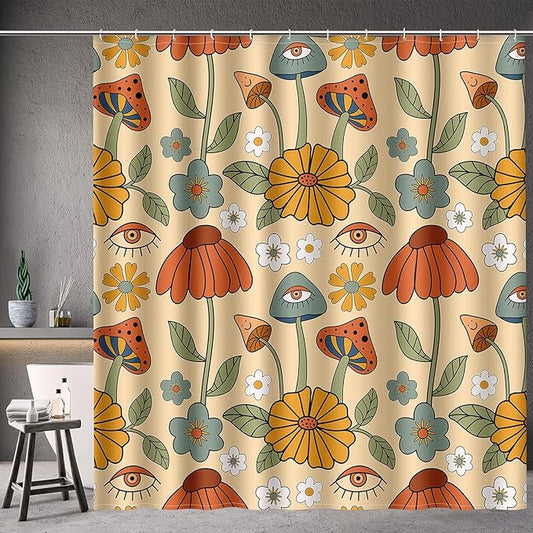 Aimego Long Mushroom Shower Curtain - Boho Floral 70s Retro Bohemian Yellow Orange Flowers Eyes Bath Fabric Cloth Shower Curtain Set with 12 Hooks Bathroom Decor Bathtub Curtain, 72"x78"
