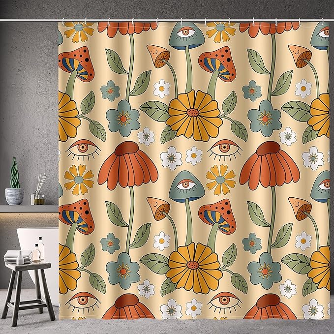 Aimego Extra Long Shower Curtain - Boho Mushroom 70s Retro Bohemian Floral Yellow Orange Flowers Eyes Bath Fabric Cloth Shower Curtain Set with 12 Hooks Bathroom Decor Bathtub Curtain, 72"x84"