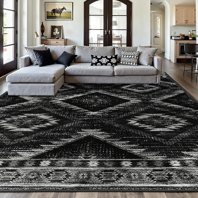 Area Rug 9x12 Rug Machine Washable Non-Slip Low Pile Print Pattern Western Rug for Living Room Bedroom Entryway Tribal Series -Black