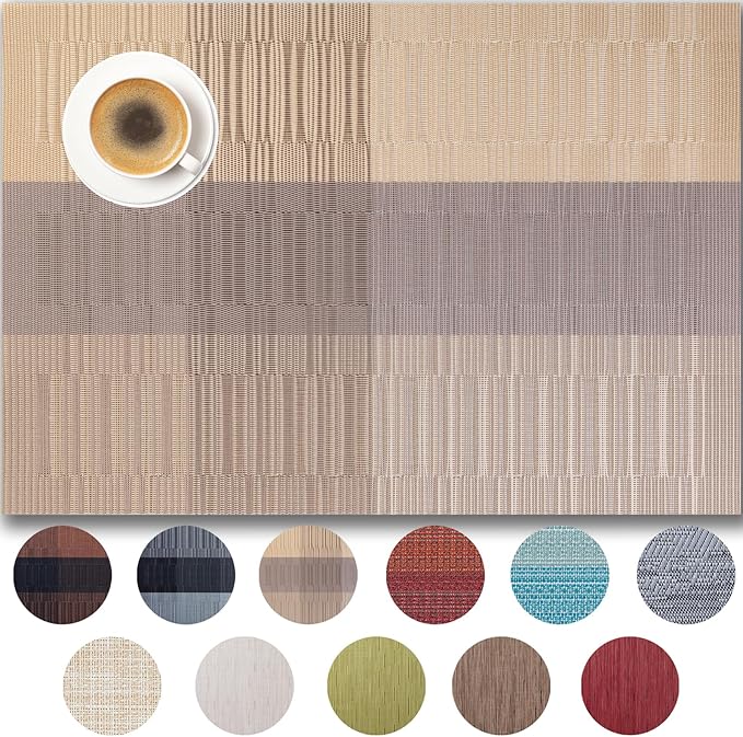Placemats Set of 4 - Easy Clean Woven Vinyl Placemats for Dining Table, Indoor/Outdoor Place Mats, Washable PVC Table Mats （Gold Dune）