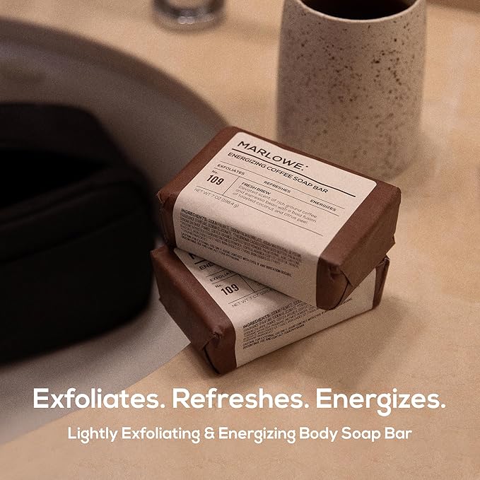 MARLOWE. No. 109 Coffee Bar Soap 7 oz (12 Bars) – Exfoliating Body Scrub for Men with Natural Extracts, Caffeine, Coffee Bean & Cocoa Butter – Energizing Fresh Brewed Scent
