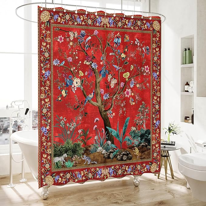 Bohemian Bathroom Curtain Colorful Boho Floral Print Beautiful Bright Polyester Fabric Cloth Shower Curtain for Bathroom Decoration, 72"x72"