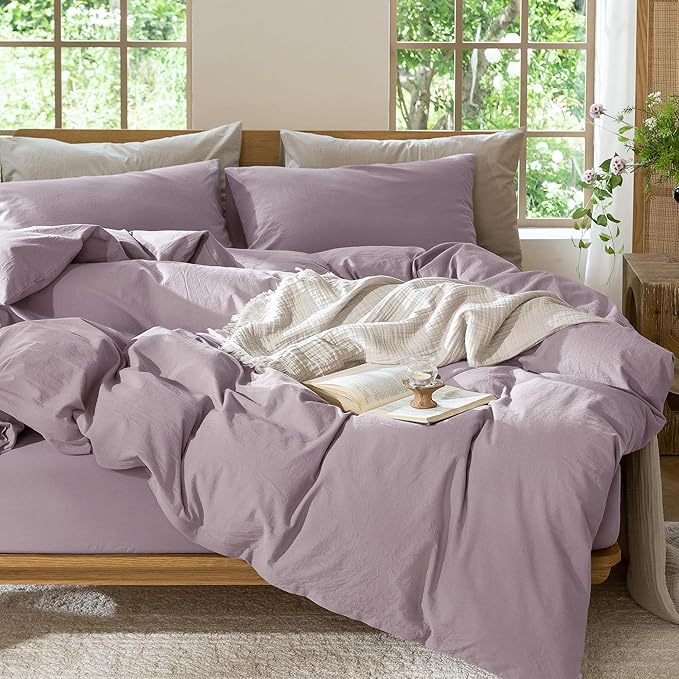 MooMee Bedding Duvet Cover Set 100% Washed Cotton Linen Like Textured Breathable Durable Soft Comfy (Solid Taro Purple, Twin 68"x90")