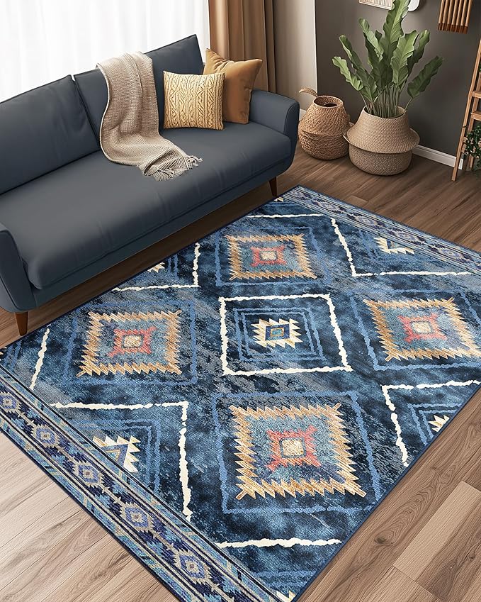 Area Rug 4x6 Rug Machine Washable Non-Slip Low Pile Print Pattern Western Rug for Living Room Bedroom Entryway Tribal Series -Darkblue