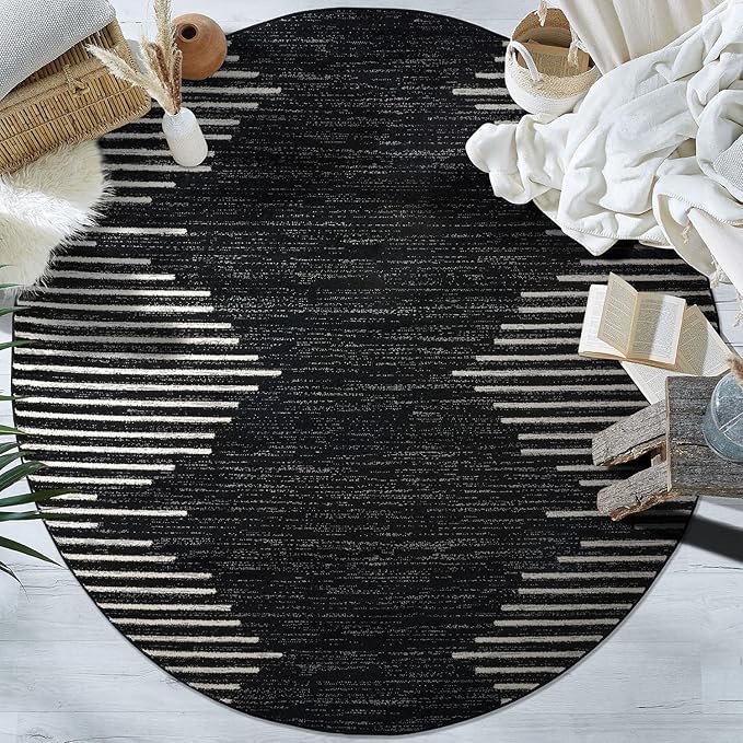 Rugshop Bohemian Stripe Stain Resistant High Traffic Living Room Kitchen Bedroom Dining Home Office Round Area Rug 8' Black