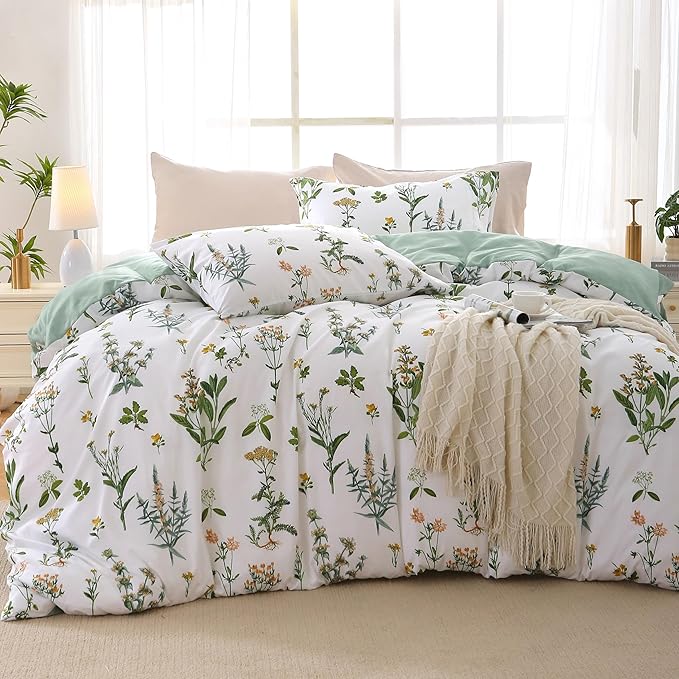 MUXHOMO Duvet Cover King Size, Reversible Floral Green Duvet Cover Set with Zipper Closure, 3 Pieces Botanical Patterns Soft Microfiber Bedding Set with 4 Ties (90"x104", 2 Pillow Cases)