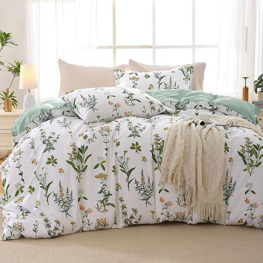 MUXHOMO Duvet Cover King Size, Reversible Floral Green Duvet Cover Set with Zipper Closure, 3 Pieces Botanical Patterns Soft Microfiber Bedding Set with 4 Ties (90"x104", 2 Pillow Cases)