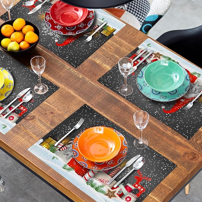Giwawa Christmas Gnome Placemats, Let It Snow Xmas Elf Reindeer Place Mat for Kitchen Dining, Winter Snowflakes Non-Slip Washable Table Mats for Tabletop Holiday Camping Decor, Set of 4, 12"x18"