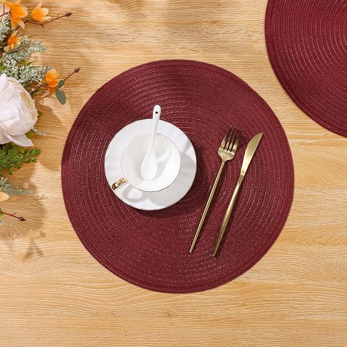 SHACOS Round Placemats Set of 4 for Dining Table 15 inch Round Braided Place Mats Washable Non Slip Kitchen Table Mats, Burgundy