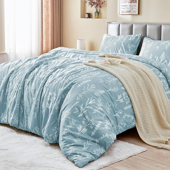 MUXHOMO Duvet Cover Full Size, Reversible Floral Mineral Blue Duvet Cover Set with Zipper Closure, 3 Pieces Botanical Patterns Soft Microfiber Bedding Set with 4 Ties (80"x90", 2 Pillow Cases)