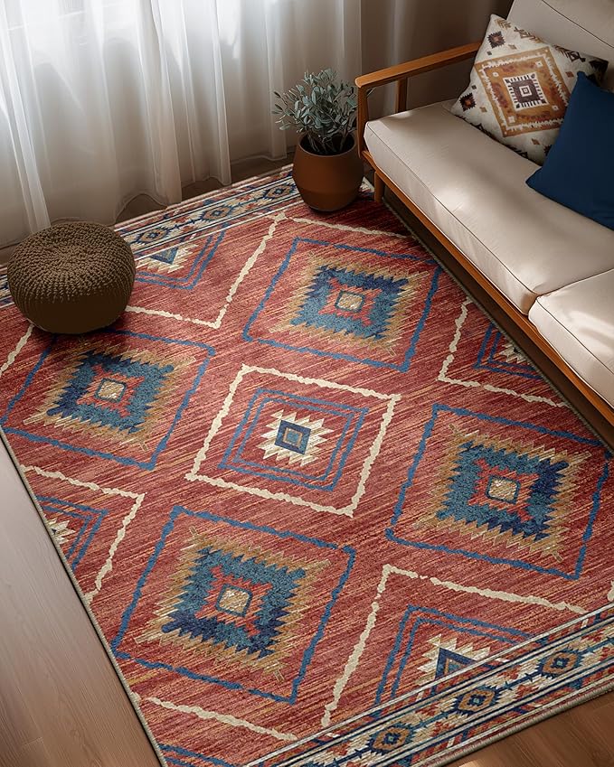 Area Rug 5x7 Rug Machine Washable Non-Slip Low Pile Print Pattern Western Rug for Living Room Bedroom Entryway Tribal Series -Red/Orange
