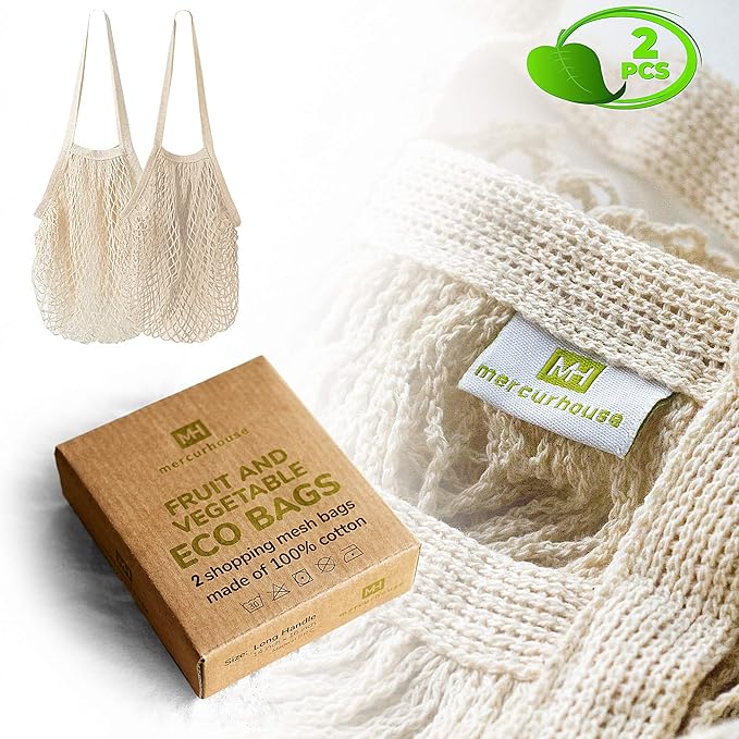 2 pack Cotton String Shopping Bags Reusable Washable Grocery Mesh Bags Organizer for Grocery Shopping Produce Net Bags with Longhandle for Fruit Vegetable Storage