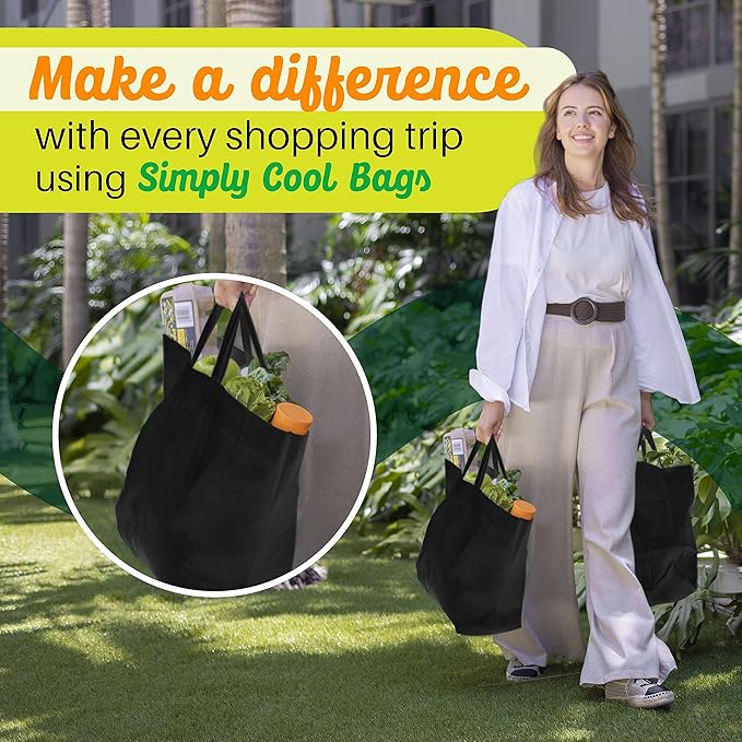 Simply Cool 50 Pack Black Reusable Eco-Friendly Large Grocery Shopping Bags 14.5"x14"x6.6" Durable Recyclable Washable Foldable Portable Tote Bags Bulk