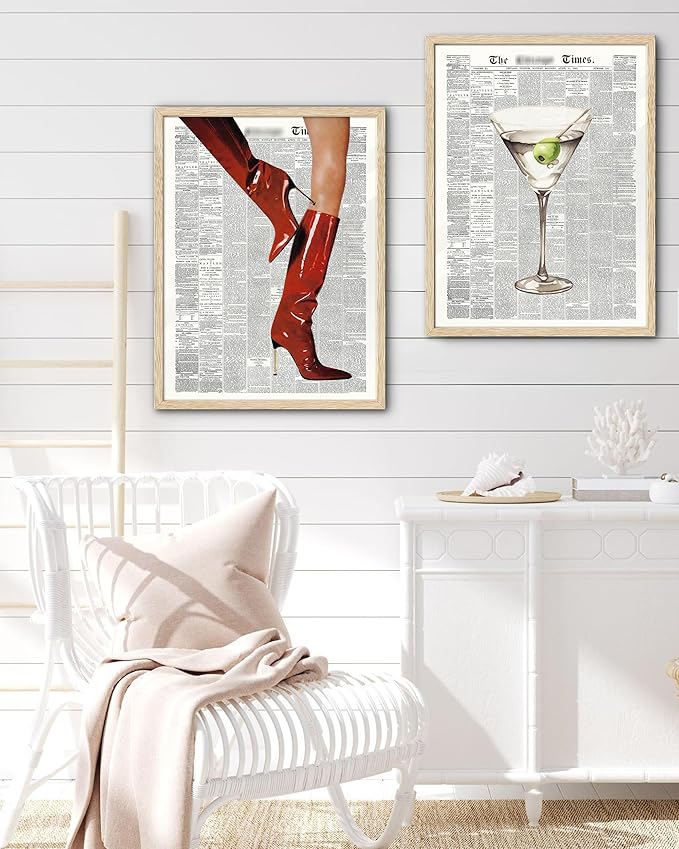 EcoHest Trendy Newspaper Red Boots Framed Wall Art, 16x20 in Large OAK Wood Fashion Icon Canvas Wall Art, Magazine Home Decor, Beige Logs Retro Set of 1 for Bedroom Living Room