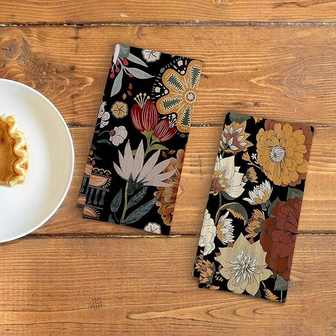 Abstract Floral Kitchen Dish Towels - Vintage Waffle Weave Kitchen Towels, Retro Flower Waffle Weave Decorative Kitchen Towels, Boho Hand Towels for Bathroom (16×24 Inches)