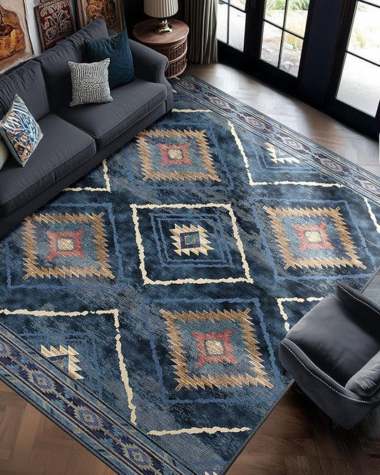 Area Rug 8x10 Rug Machine Washable Non-Slip Low Pile Print Pattern Western Rug for Living Room Bedroom Entryway Tribal Series -Darkblue