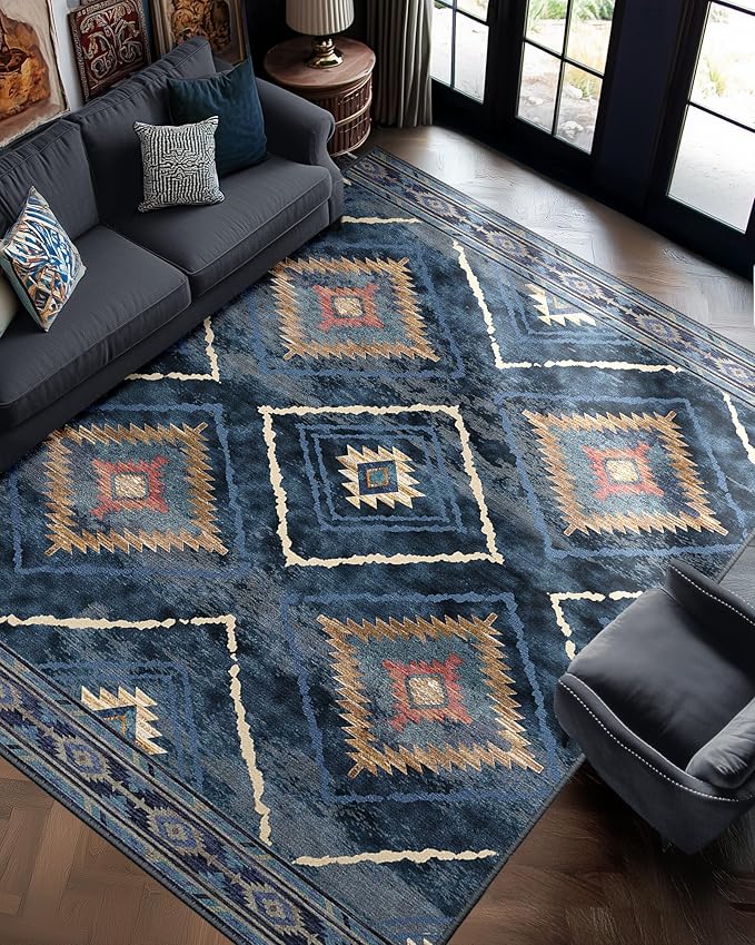 Area Rug 9x12 Rug Machine Washable Non-Slip Low Pile Print Pattern Western Rug for Living Room Bedroom Entryway Tribal Series -Darkblue
