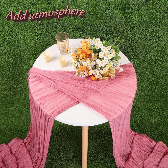 Crinkle Dusty Rose Cheesecloth Table Runner 13.3FT Long Boho Table Runner Rustic Gauze Wedding Dining Table Decorations for Holiday Birthday Party Baby Shower Event Decorations