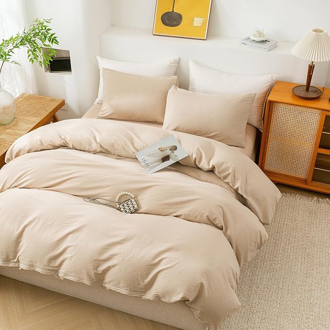 ECOCOTT Duvet Cover Queen Size, 100% Washed Cotton 1 Duvet Cover with Zipper and 2 Pillowcases, Ultra Soft and Easy Care Breathable Cozy Simple Style Bedding Set(Queen, Khaki)