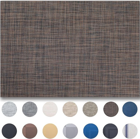 Placemats Set of 8 - Easy Clean Woven Vinyl Placemats for Dining Table, Indoor/Outdoor Place Mats, Washable PVC Table Mats（Black/Brown）