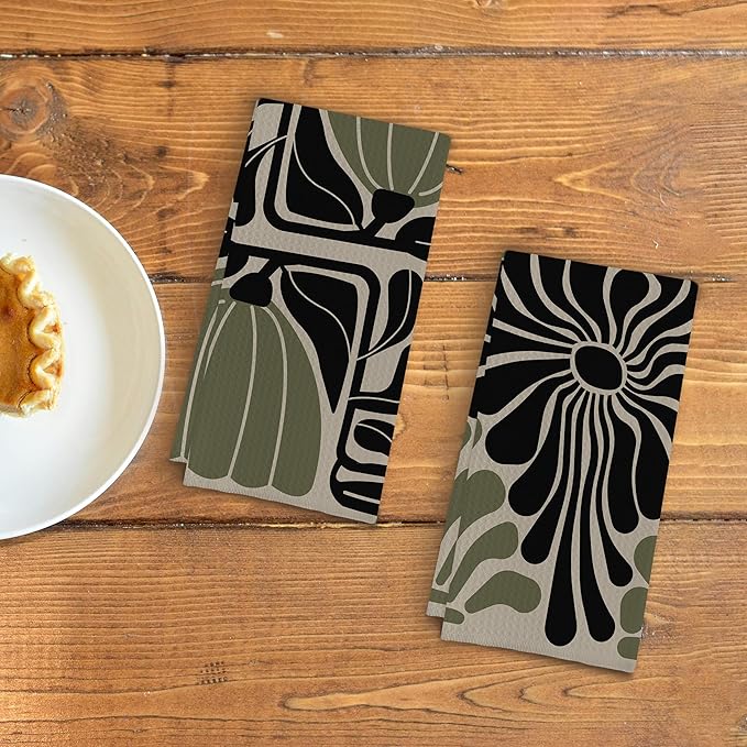 Sage Green Groovy 70s Retro Kitchen Towels Set of 2 - Boho Floral Dish Towels for Kitchen, Boho Hand Towels for Bathroom, Boho Sage Green Bathroom Kitchen Decor, 16x24 Inches