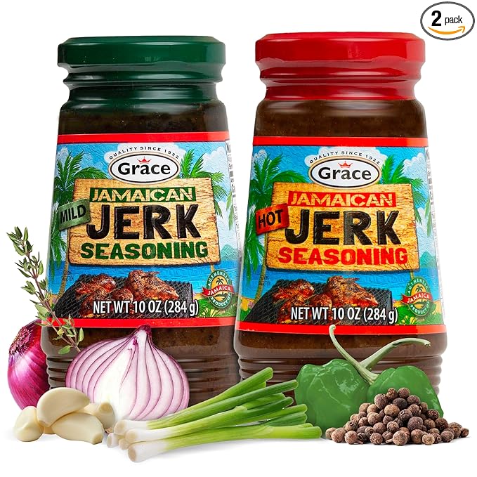 Grace Jamaican Hot & Mild Jerk Seasoning (Two 10 Oz Jars) - Hot & Mild Jerk Jamaican Style - Caribbean Mix for Chicken & Oxtail