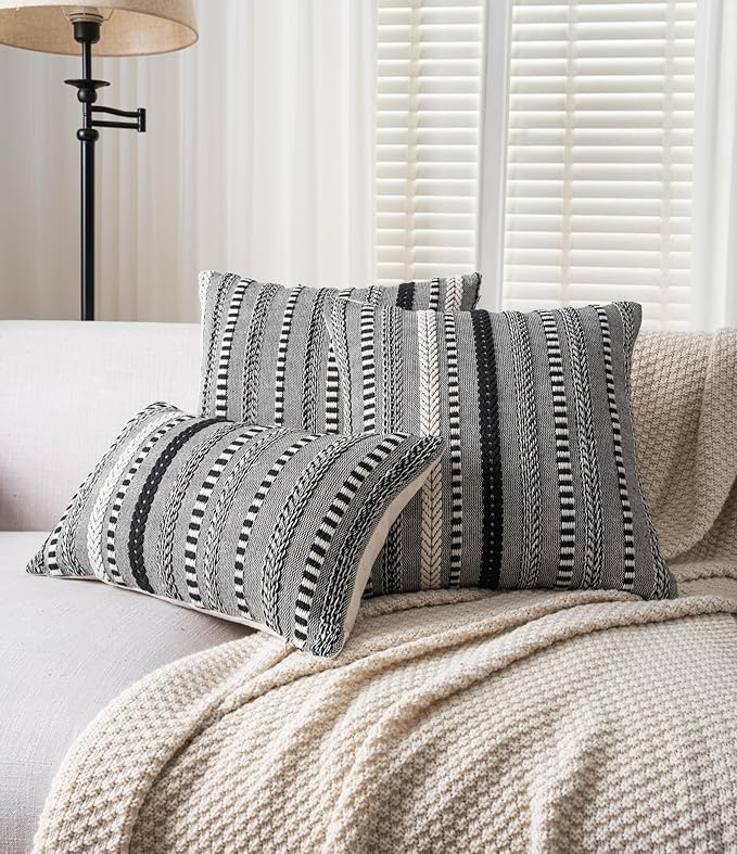 Boho Throw Pillow Covers 18x18 Inch Set of 2, Farmhouse Decorative Couch Pillow Cases, Black Accent Pillows of Bed, Sofa Bedroom Living Room Home Decor Cushion Cover