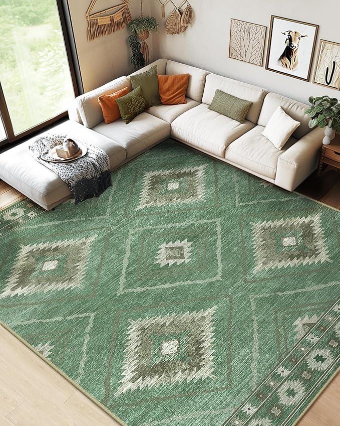 Area Rug 6x9 Rug Machine Washable Rug Non-Slip Low Pile Print Pattern Western Rug for Living Room Bedroom Entryway Tribal Series -Sage