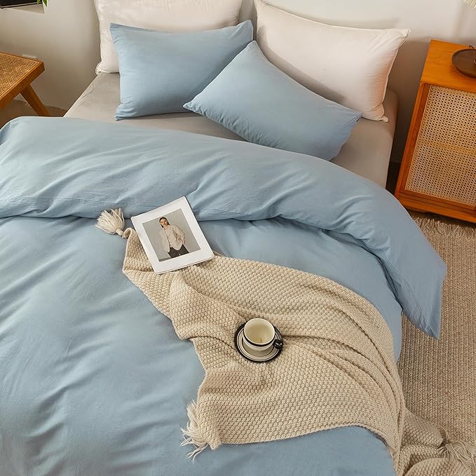 ECOCOTT Haze Blue Duvet Cover Queen Size, 3 Piece 100% Washed Cotton 1 Duvet Cover with Zipper and 2 Pillowcases, Ultra Soft and Easy Care Breathable Cozy Bedding Set (Haze Blue,Queen)