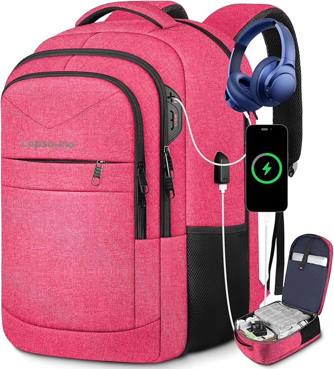 Lapsouno Extra Large Backpack, 17.3 Inch Travel Laptop Backpack, Water Resistant Casual Hiking Daypack, Computer Bag with USB Port, College School Business Carry on Rucksack for Women, Pink