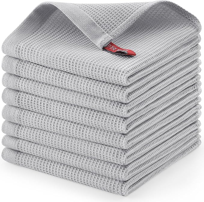 Homaxy 100% Cotton Waffle Weave Dish Cloths - 8 Pack Soft and Absorbent Dish Towels - 12 x 12 Inches Quick Dry Dish Rags - Light Grey