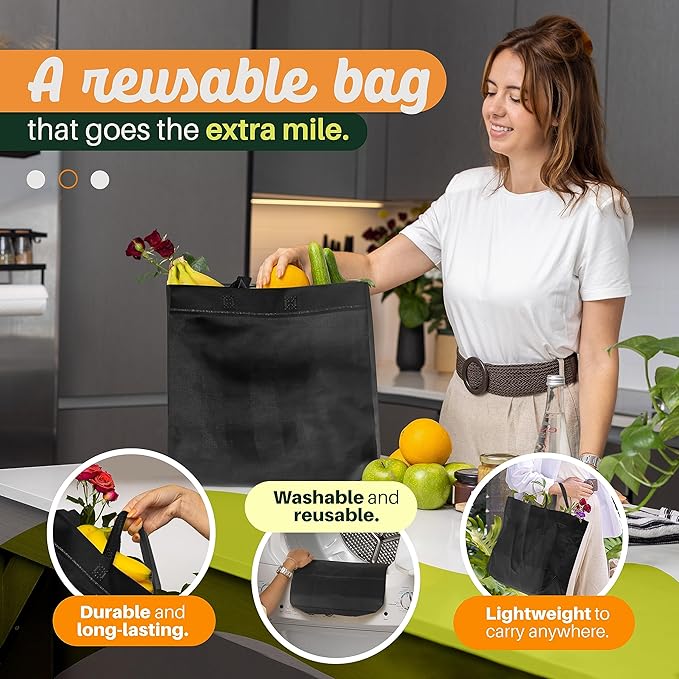 Simply Cool 200 Pack Black Reusable Eco-Friendly Large Grocery Shopping Bags 14.5"x14"x6.6" Durable Recyclable Shopping Bags Washable Foldable Portable Tote Bags Bulk