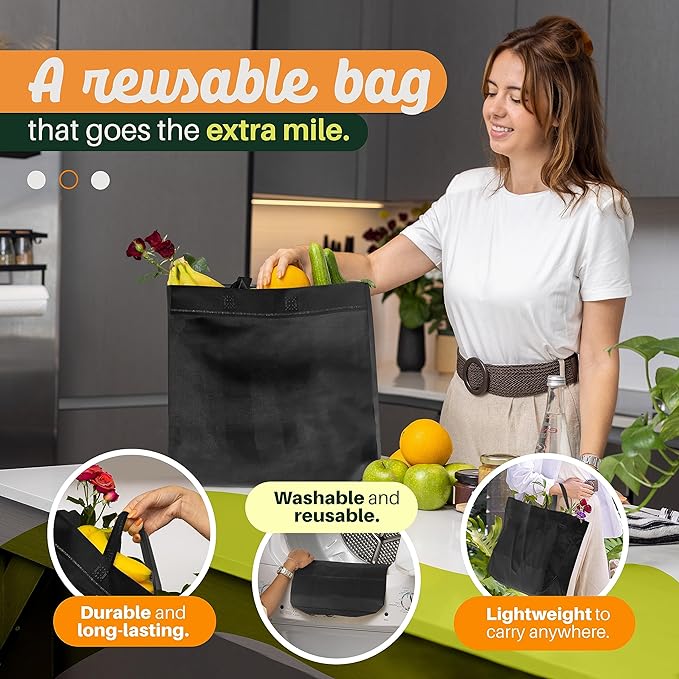 Simply Cool 50 Pack Black Reusable Eco-Friendly Large Grocery Shopping Bags 14.5"x14"x6.6" Durable Recyclable Washable Foldable Portable Tote Bags Bulk