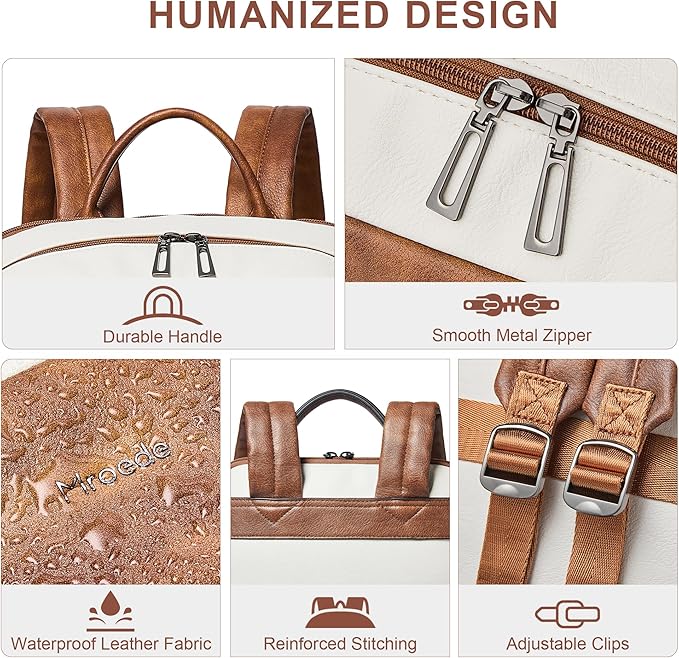 Leather Laptop Backpack for Women 15.6 Inch Laptop Travel Backpack Purse Casual Daypack with Laptop Compartment for College Work Nurse Business Weekender, Beige Brown