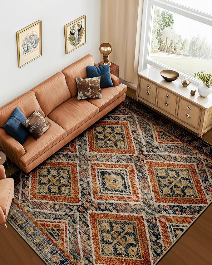 Area Rug 6x9 Rug Machine Washable Non-Slip Low Pile Print Pattern Western Rug for Living Room Bedroom Entryway Tribal Series -Orange/Brown