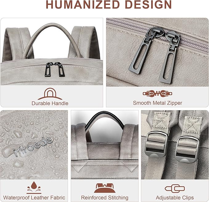 Leather Laptop Backpack for Women 15.6 Inch Laptop Travel Backpack Purse Casual Daypack with Laptop Compartment for College Work Nurse Business Weekender, Grey