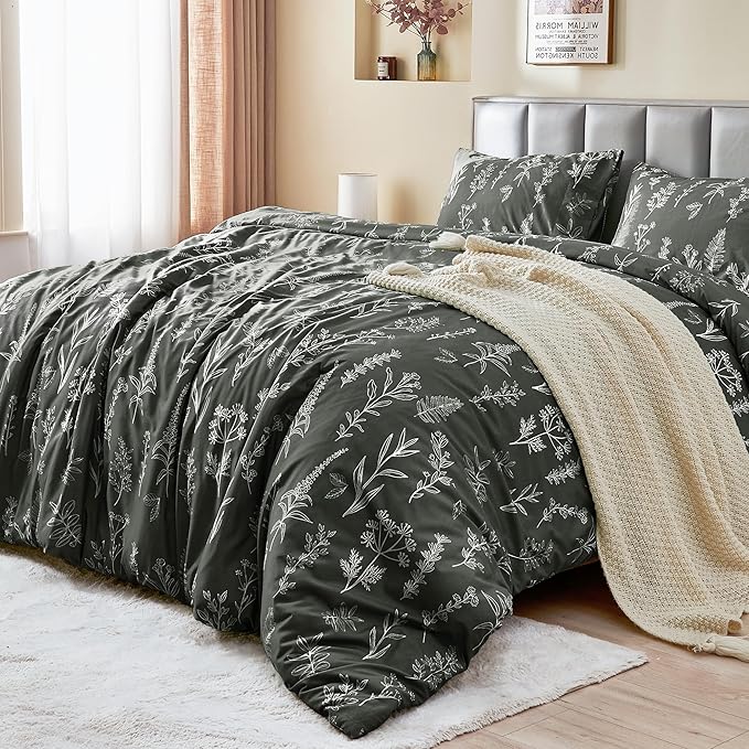 MUXHOMO Duvet Cover Queen Size, Reversible Floral Dark Grey Duvet Cover Set with Zipper Closure, 3 Pieces Botanical Patterns Soft Microfiber Bedding Set with 4 Ties (90"x90", 2 Pillow Cases)