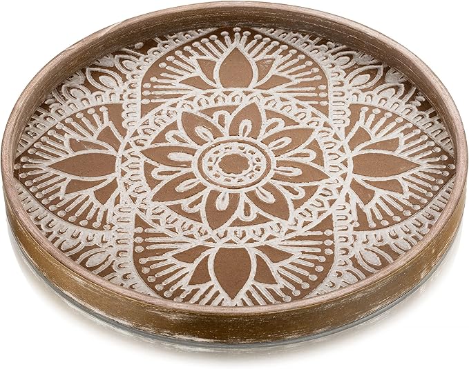 Hanobe Round Decorative Tray for Centerpiece: Boho Coffee Table Trays for Home Decor - Farmhouse Wood Serving Platter Rustic Circle Bohemian for Kitchen Counter Women