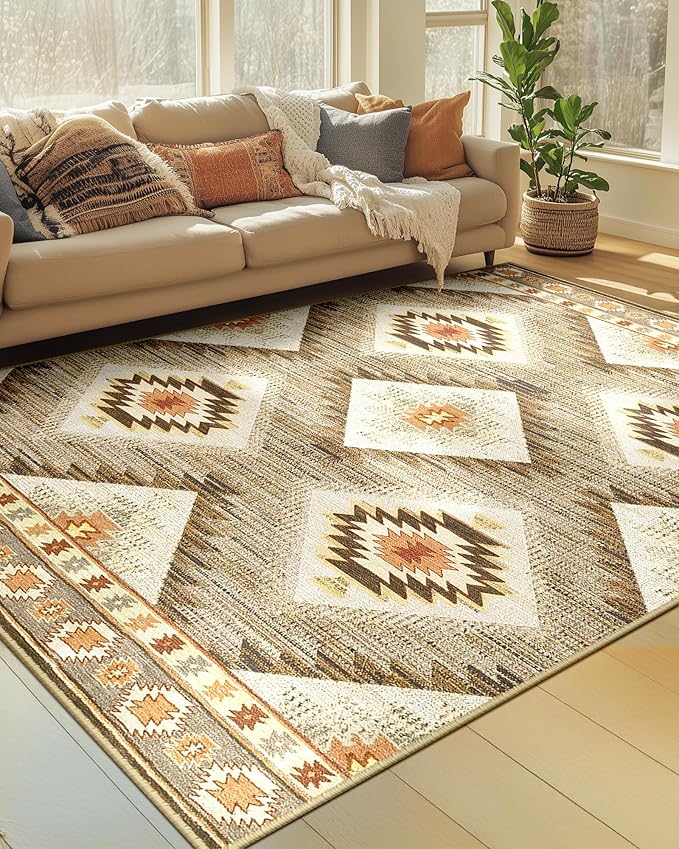 Area Rug 6x9 Rug Machine Washable Non-Slip Low Pile Print Pattern Western Rug for Living Room Bedroom Entryway Tribal Series -Cream/Camel