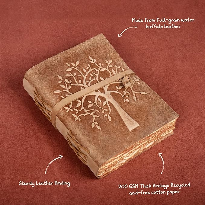 LEATHER VILLAGE Tree of Life Journal - 8 X 6 (A5) inches - Brown - 200 Antique Deckle Edge Handmade Paper – Book of Shadows - Vintage Leather Bound Journal for Women & Men