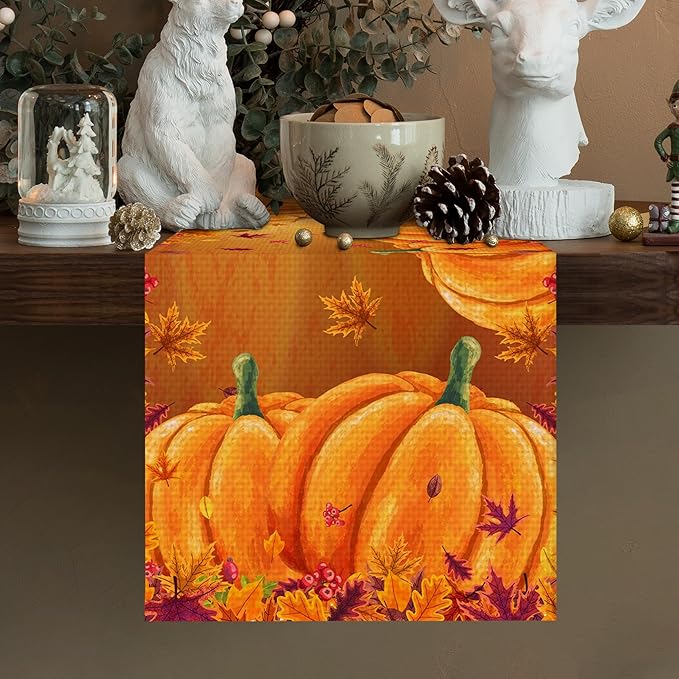 Orange Grey Abstract Art Painting Burlap Table Runner Seasonal Spring Fall Kitchen Dining Linen Table Decoration for Indoor Outdoor Home Party Dinner 13x72 Inch (Thanksgiving Pumpkin)