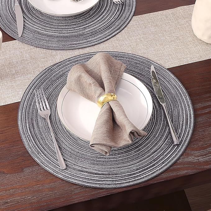 SHACOS Round Braided Placemats Set of 8 Round Table Mats for Dining Tables Non Slip Washable (Black Grey, 8)