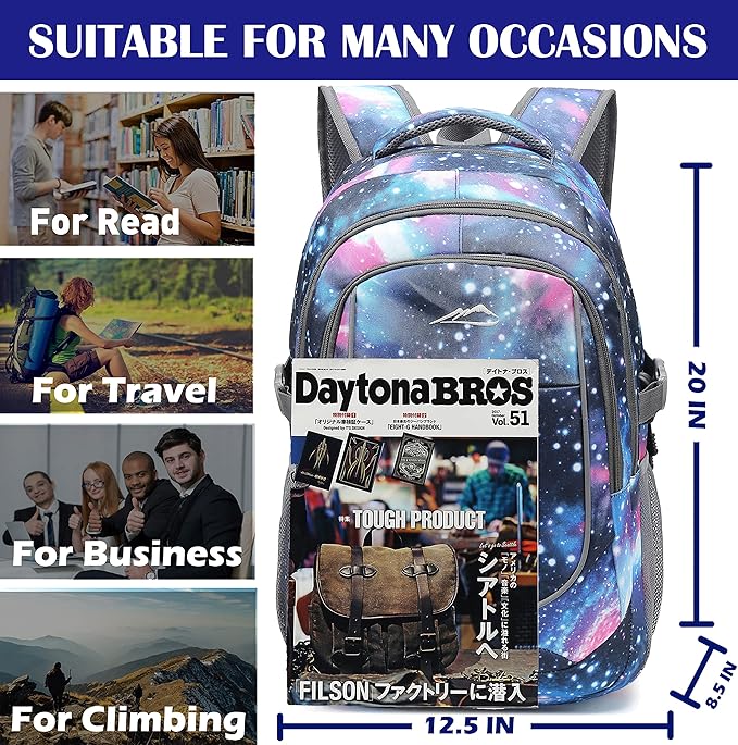 Galaxy Backpack for College Sturdy Bookbag Travel Business with USB Charging Port Laptop compartment Chest Straps Anti Theft Night Light Reflective (Galaxy)