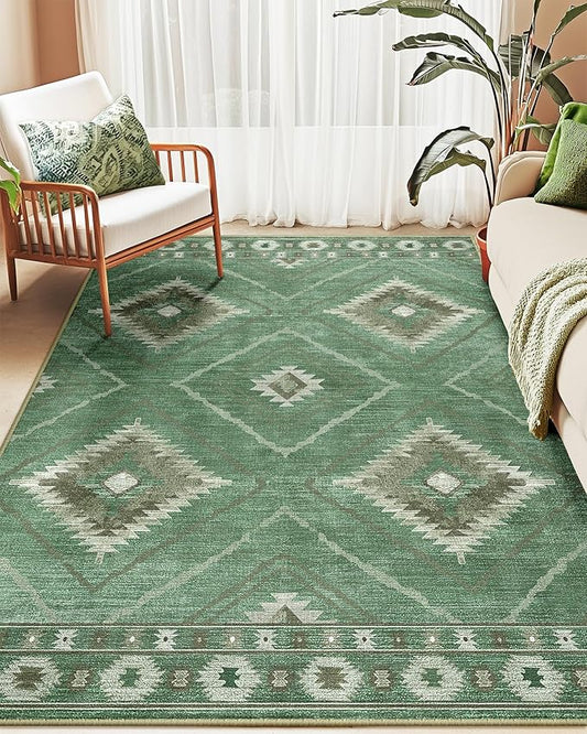 Area Rug 6x9 Rug Machine Washable Rug Non-Slip Low Pile Print Pattern Western Rug for Living Room Bedroom Entryway Tribal Series -Sage